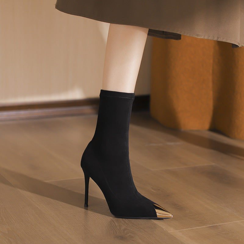 Women's Black Short Stiletto Pointed Toe High Metal Boots