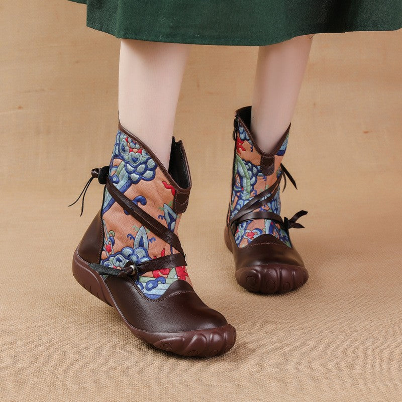 Women's First Layer Cowhide Outsole Winter Ethnic Print Fleece-lined Warm Women's Cotton Shoes