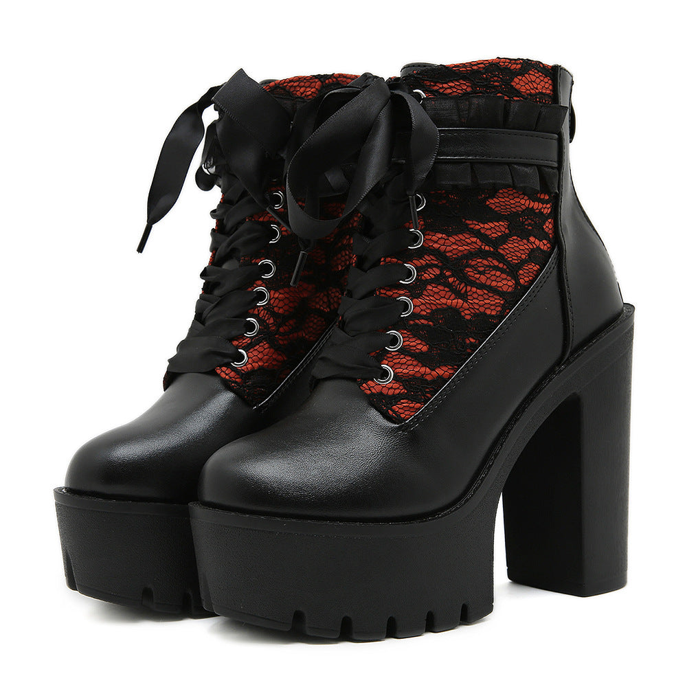 Women's Gothic Lace Color Block High Ankle Back Zipper Retro Chunky Women's Leather Boots