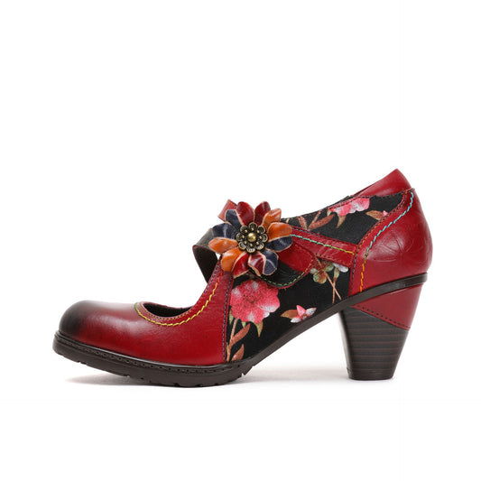 Women's First Layer Cowhide Retro Flower Red High Women's Shoes