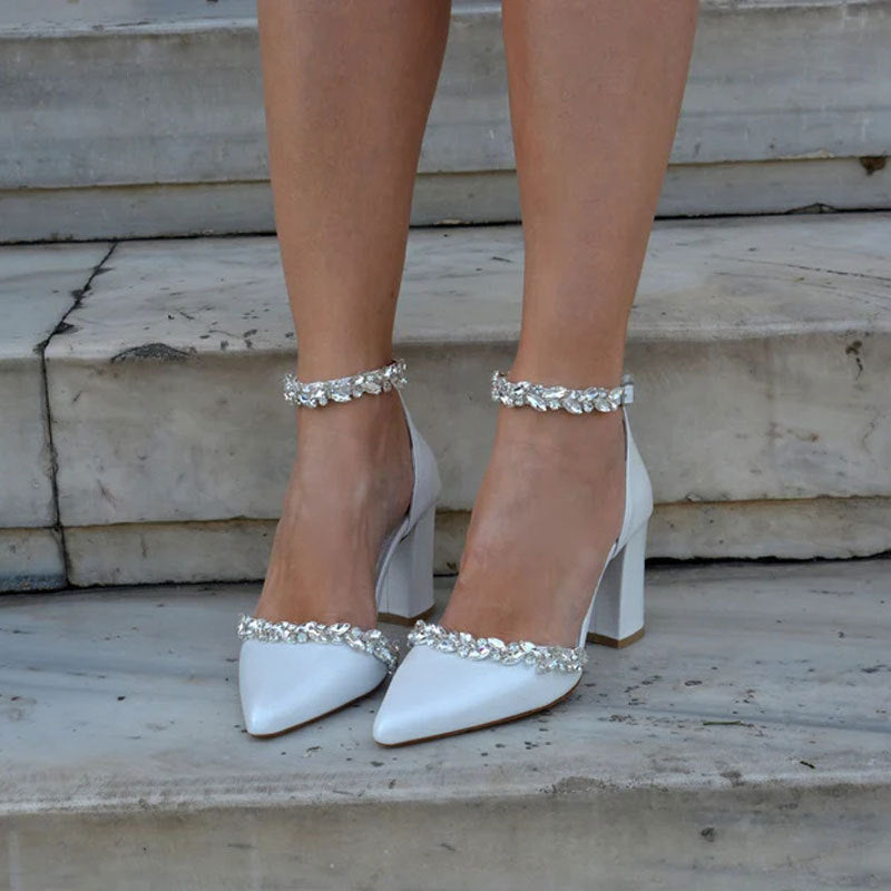 Women's Pointed Chunky Rhinestone Temperament Closed Toe Strap Shallow High Heeled Sandals