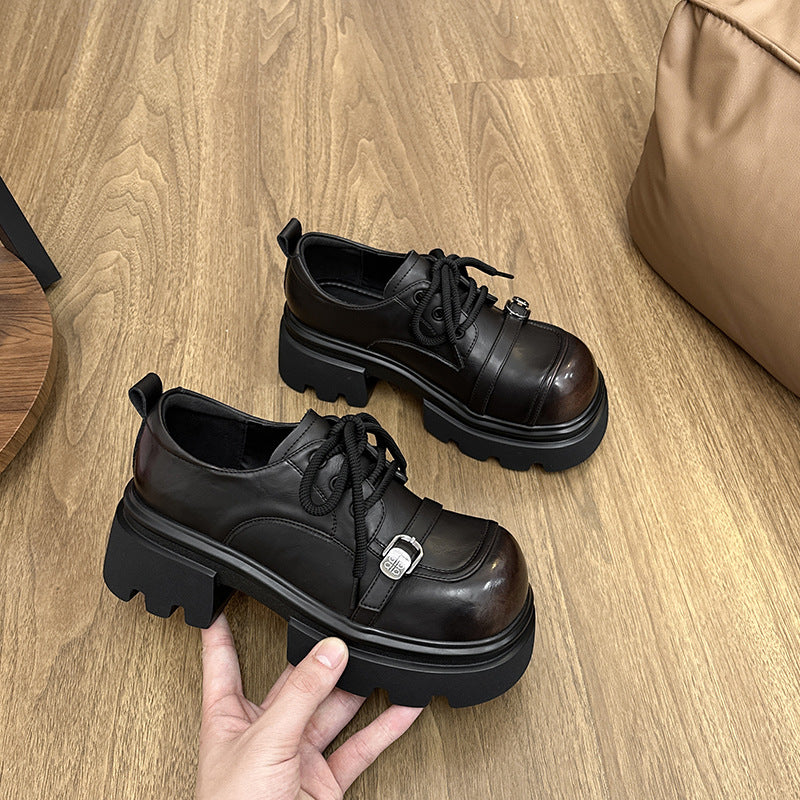 Thick Sole Increased With British Style Belt Buckle Round Toe Loafers