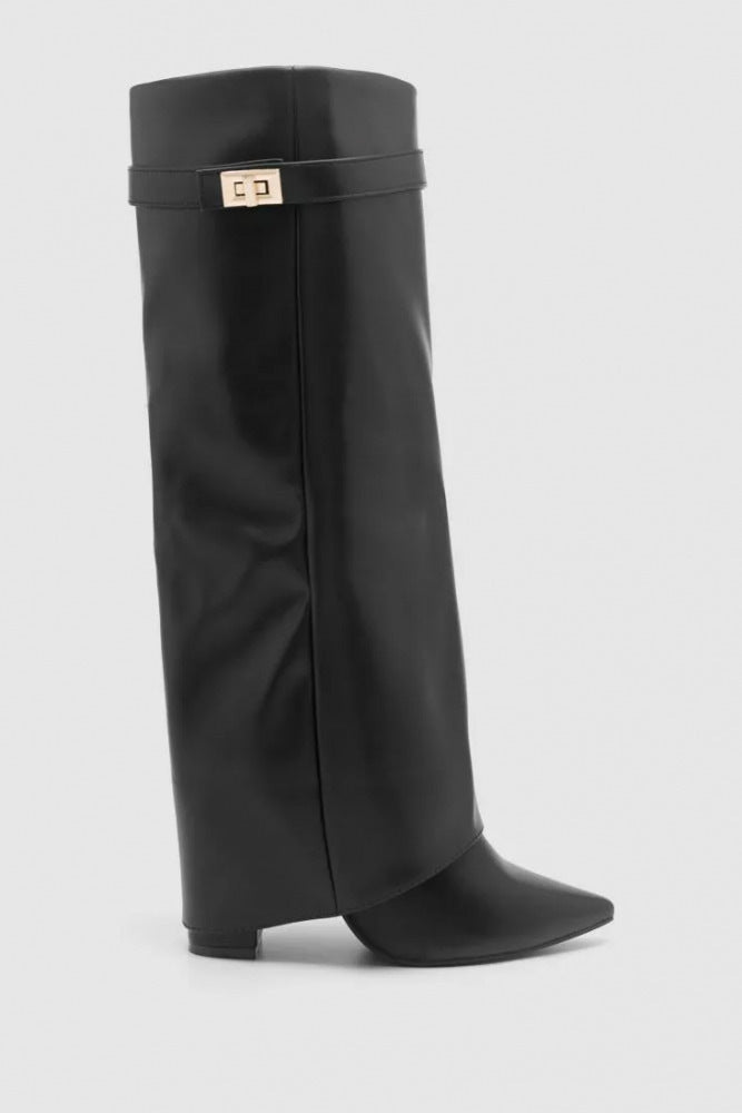 Women's Pointed Toe Large Tube Circumference Straight Metal Buckle Long Size Boots