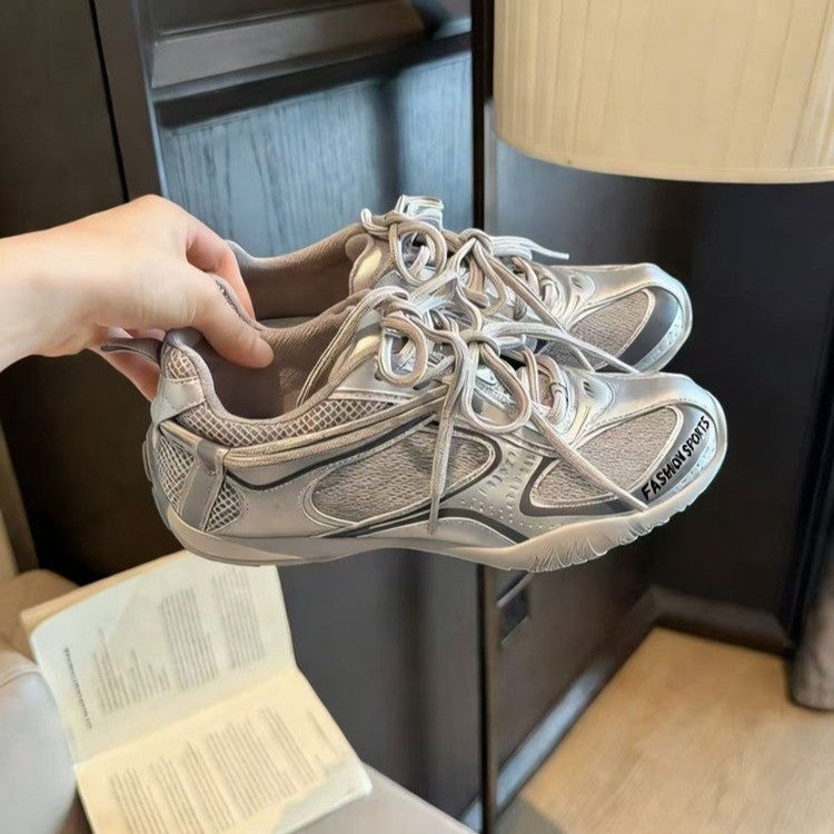Women's Mechanical Style Sier Mesh German Training Spring Versatile Lace Up Casual Shoes