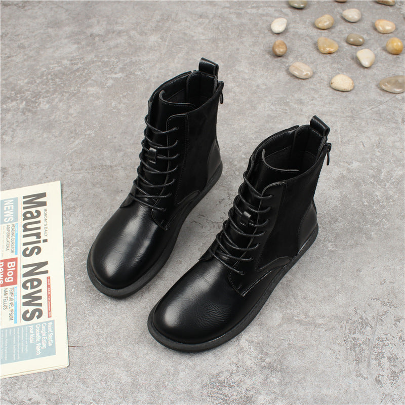 Korean Style Flat Lace Plus Veet Women's Leather Boots