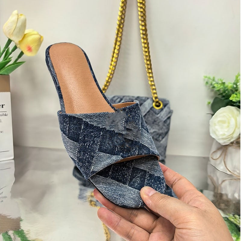 Women's Hollow Metallic Striped With Sandwich Round Flat Slippers