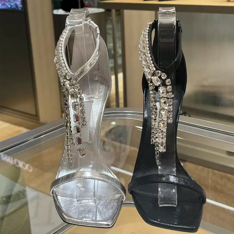 Women's Toe Summer Sier Crystal Chain Open High Heeled Sandals