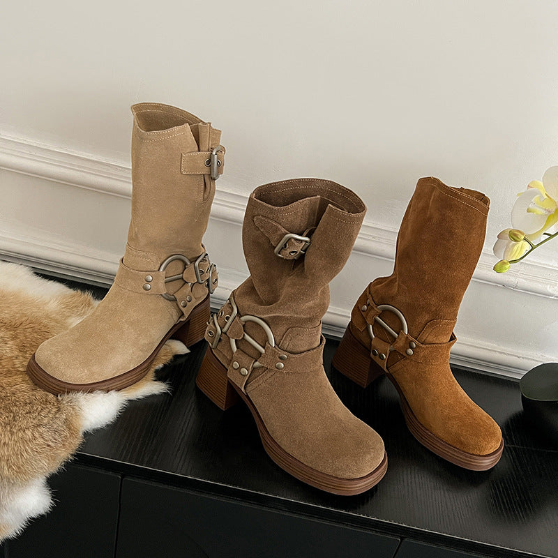 Women's Summer Thin Western Cowboy Platform Short Brown Middle Women's Leather Boots
