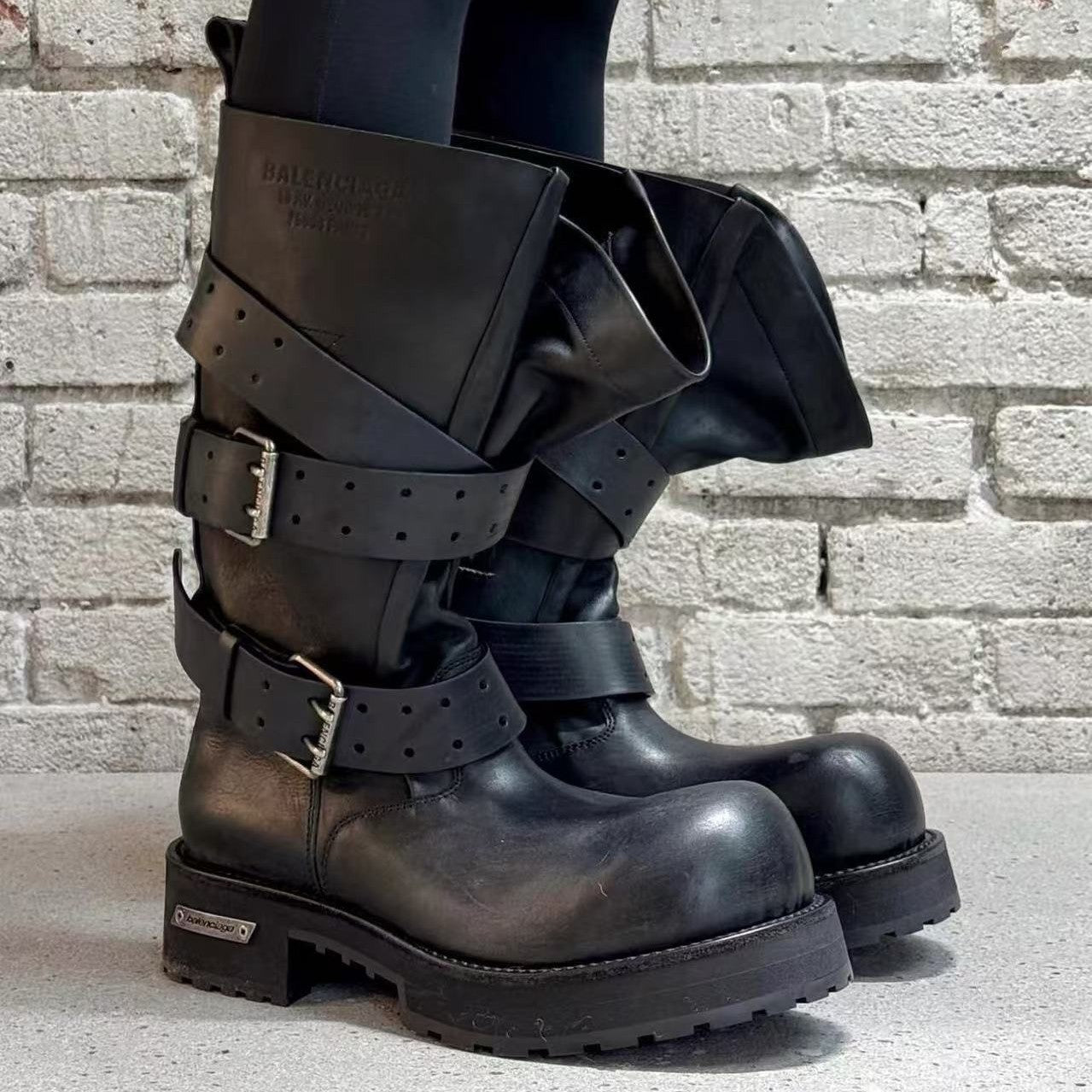 Belt Buckle Venom Big Tube Circumference Thick Bottom Height Increasing Women's Leather Boots