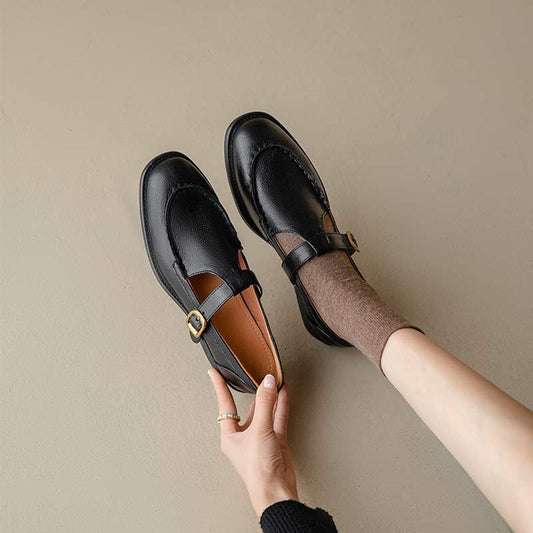 Women's Style Round Head Chunky Versatile College Shape With Pumps Retro Leather Shoes