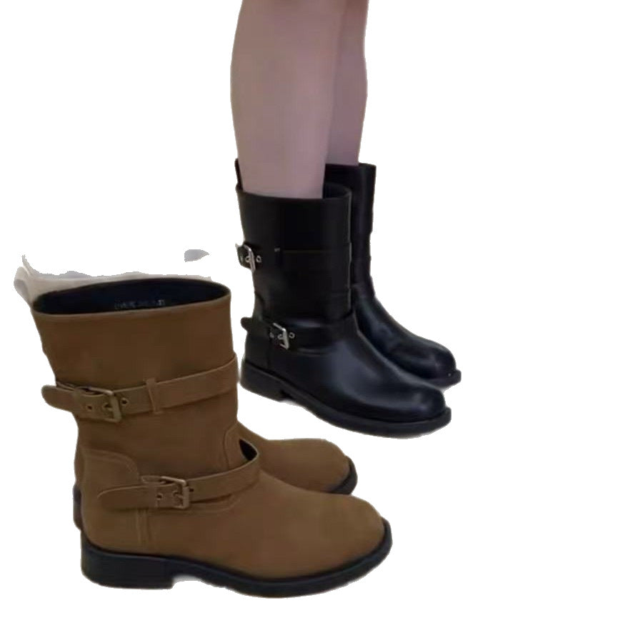 Women's Autumn Round Toe Square Belt Buckle Sleeve Simple Knight Women's Leather Boots