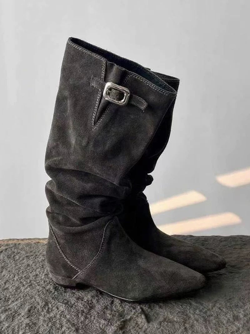Women's Idle Style Ruffle Pile Low Tube Cowboy Women's Leather Boots