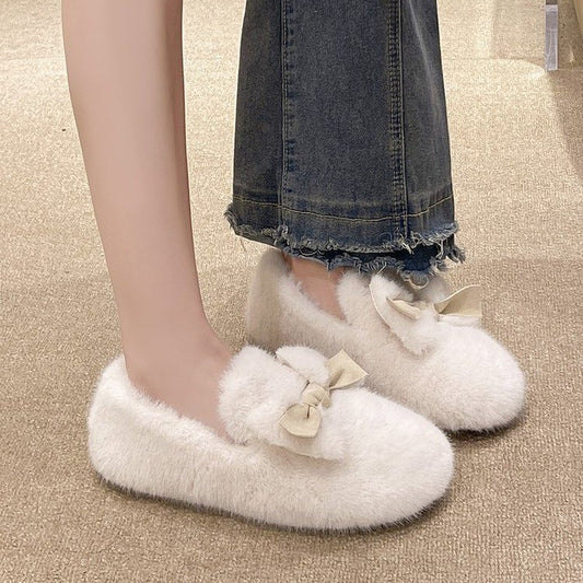 Women's Slip-on Fleece-lined Cotton Outer Wear Bow Casual Shoes