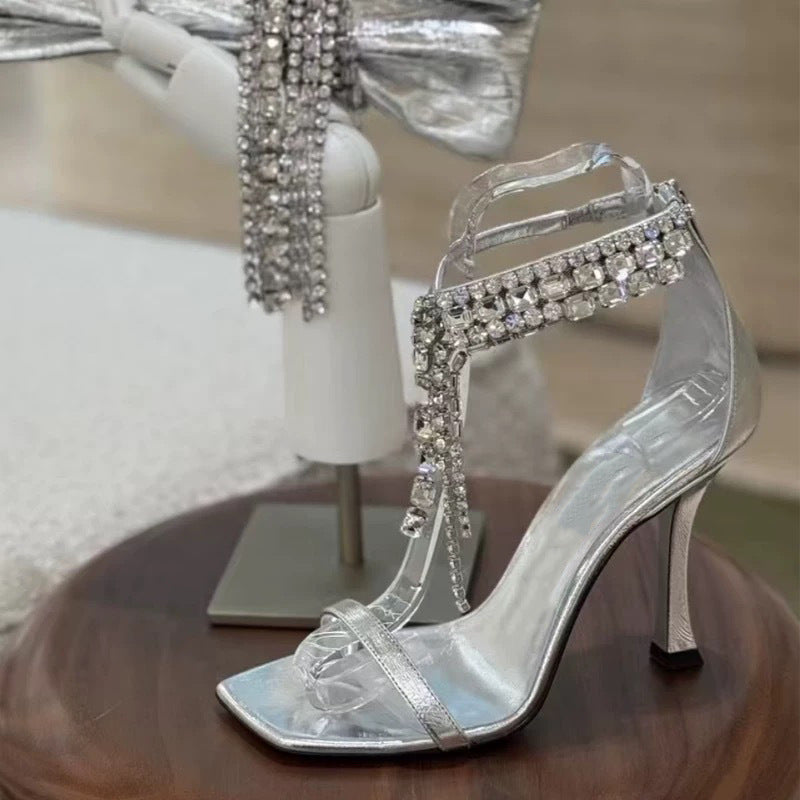Women's Toe Summer Sier Crystal Chain Open High Heeled Sandals