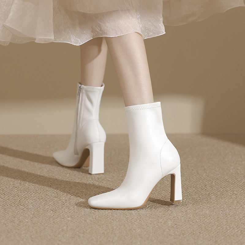 Women's High Booties Chunky Square Toe Skinny Boots