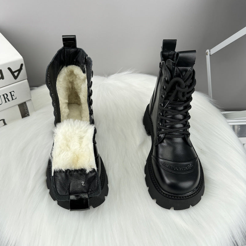 Women's Platform Martin British Style Wool Cotton Fashionable Warm Polished With Women's Leather Boots
