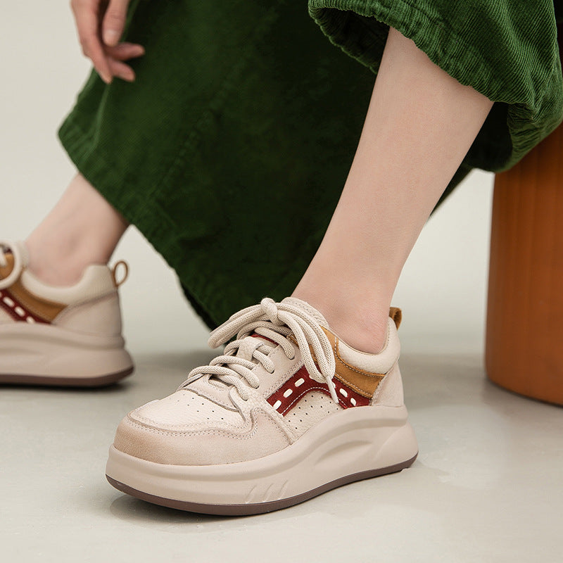 Women's Layer Cowhide Retro Pumps Round Head Front Trendy Women's Casual Shoes