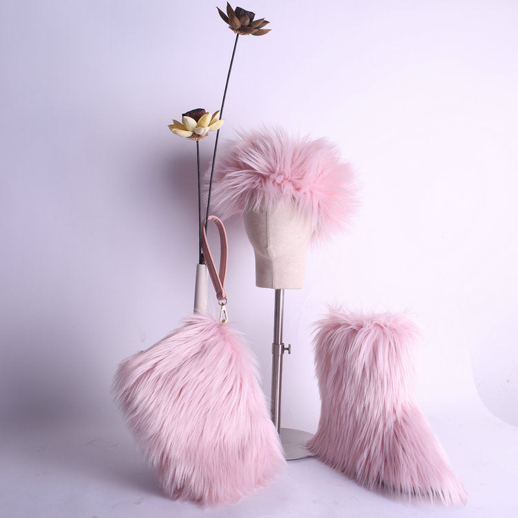 Women's Fur Hip Hop Handbag Hair Band Snow Boots