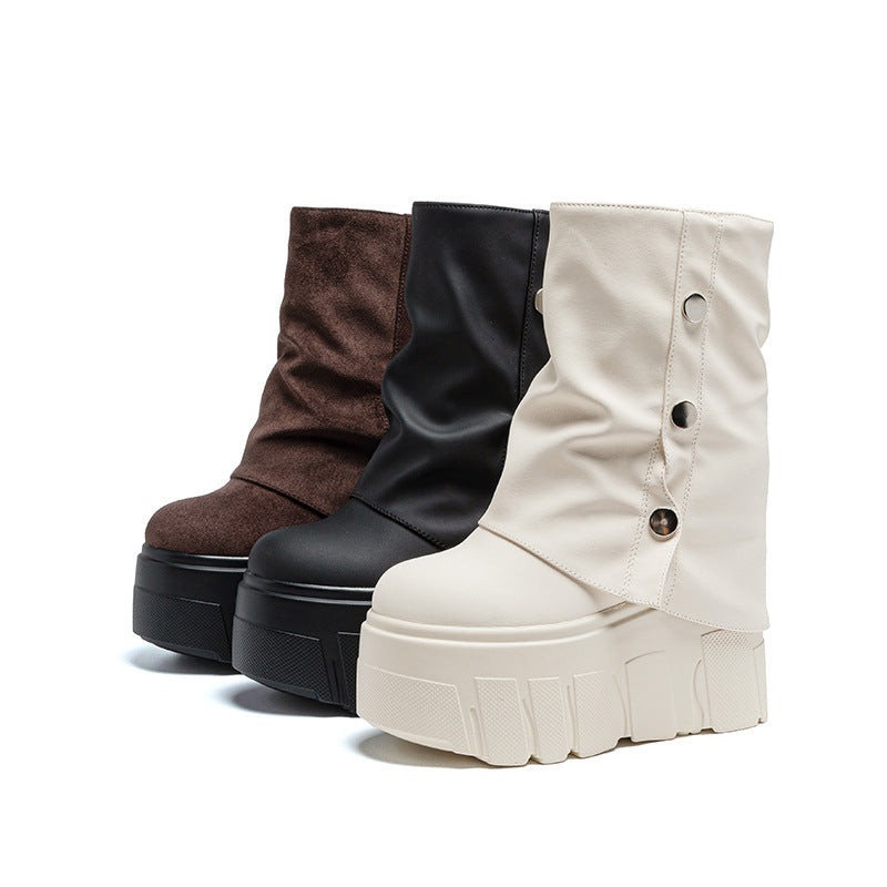 Women's High-rise Pantyhose Solid Color Simple Booties Round Toe Women's Leather Boots