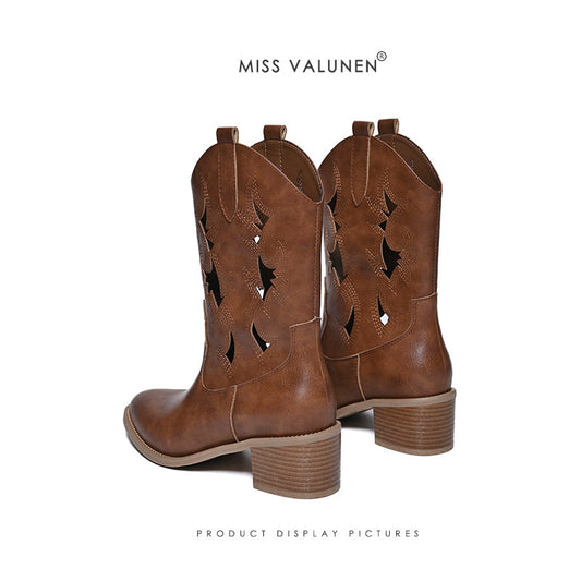 Women's Miss Warren Cowboy Pointed Toe Chunky Fashion Hollow Women's Leather Boots