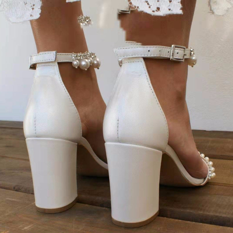 Summer Wedding White Mid Pearl Chunky Chain Open High Heeled Sandals