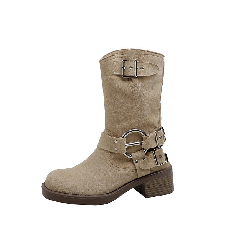Retro Style Round Head Leisure Thick Heels
