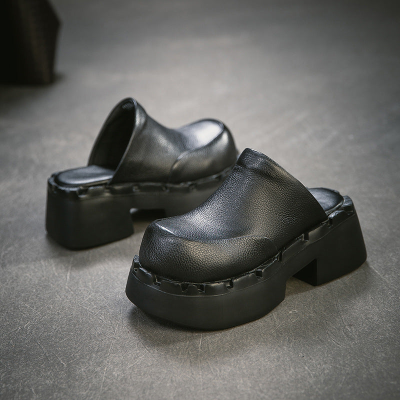 Women's Layer Cowhide Toe Cap Semi Comfortable Platform Slippers