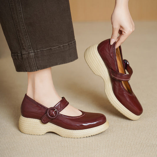 Women's Round Head Solid Color Low Cut Mary Jane Wedge Retro Women's Fashion Shoes