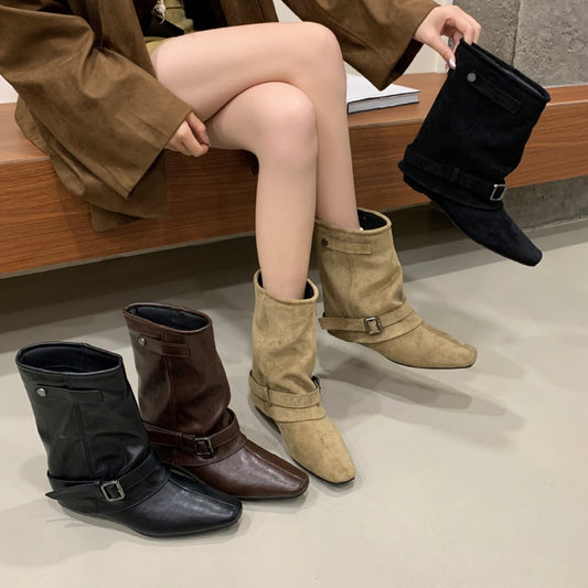 Tax-free Vintage Suede Khaki Bootie Female French Autumn Boots