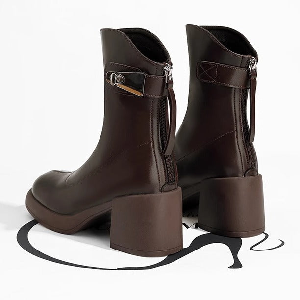 Women's Cowhide Version Skinny Autumn Retro Chunky Boots