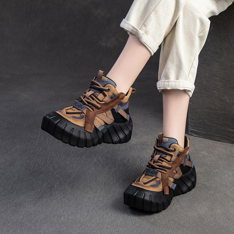Women's Winter Color Matching Platform Fashion Clunky Women's Leather Boots