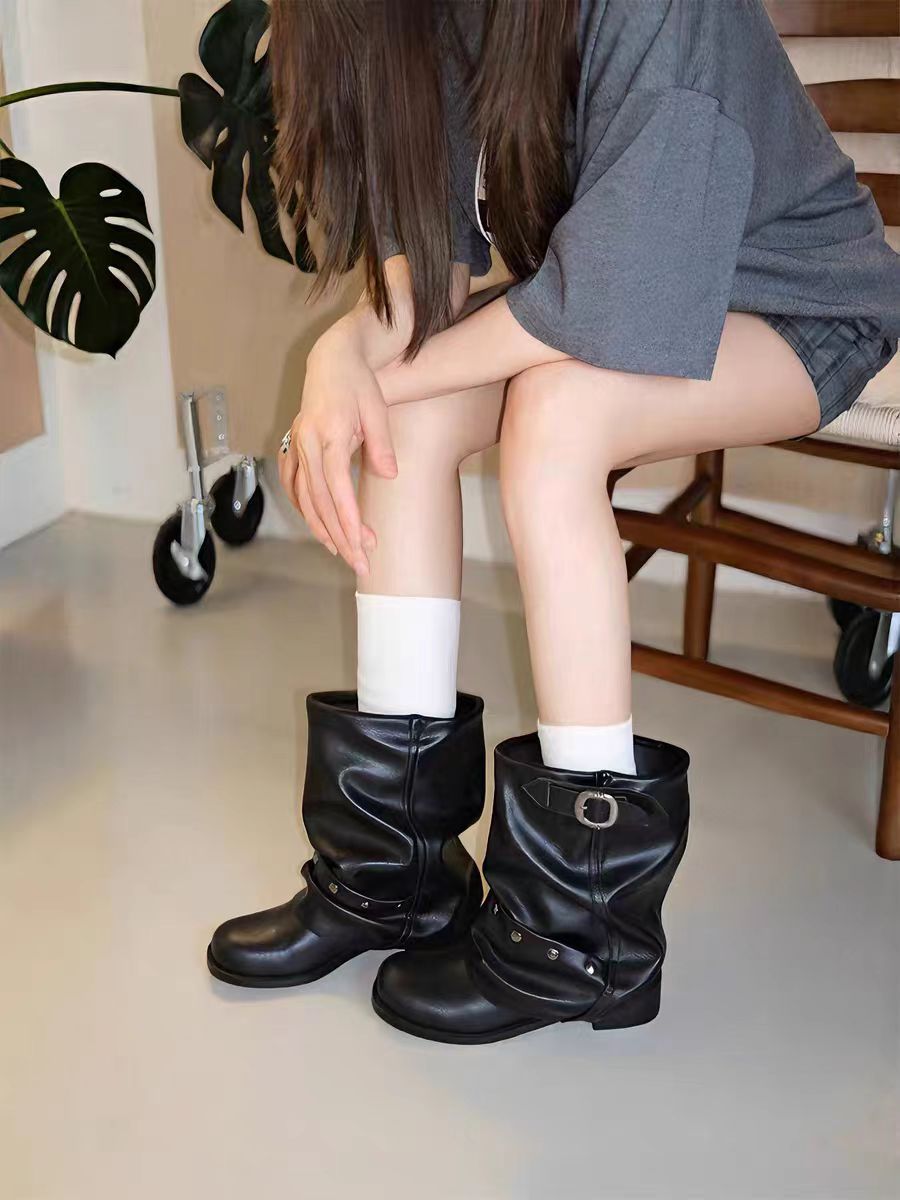Women's Rivet Pants Knee-high Pleated Pile Style Invisible Elevated Retro Black Boots