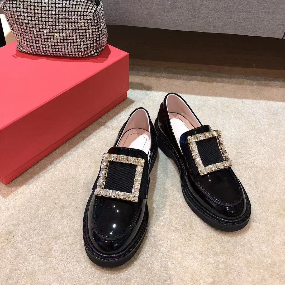 Women's Version Authentic British Style Thick Bottom Flat Square Buckle Rhinestone Loafers