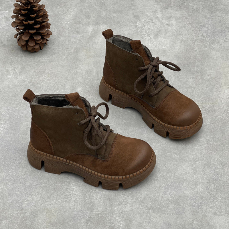 Retro Handmade Genuine Platform Martin Round Toe Women's Leather Boots