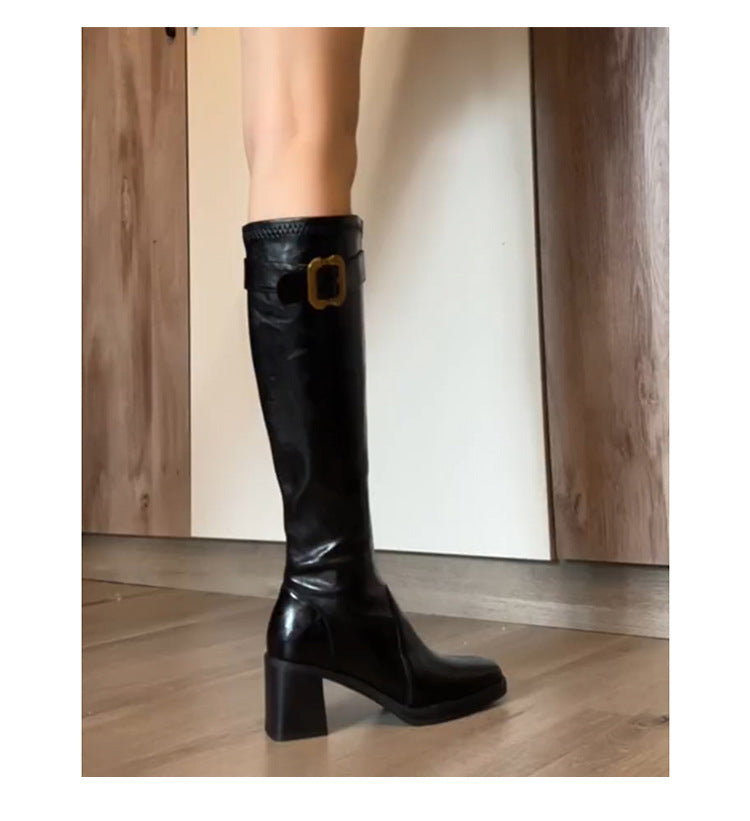 Slim High Below The Knee Long Female Chunky Women's Leather Boots