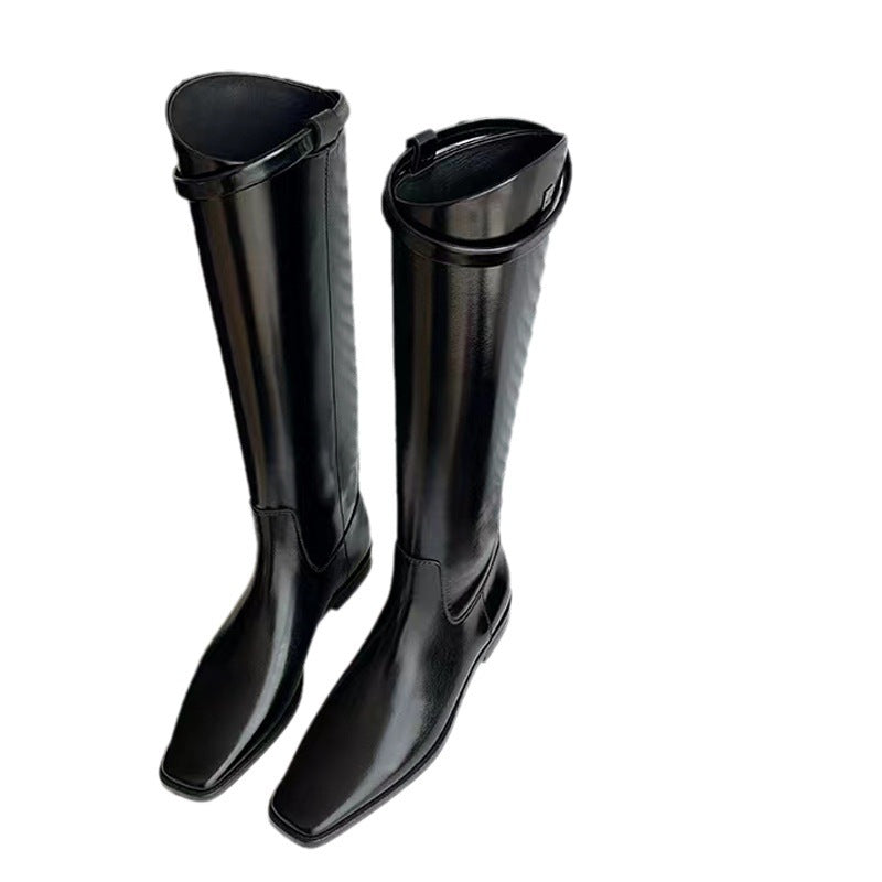 Women's Style Slimming Belt Buckle Below The Knee Chunky Platform Increased Boots