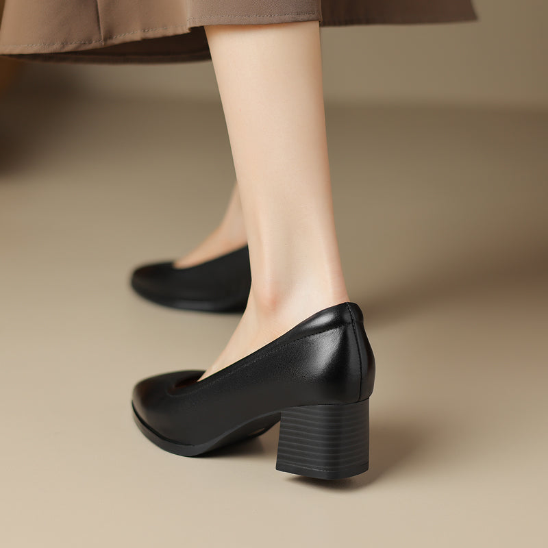 Women's Pointed Toe Chunky Cm Comfortable First Layer Cowhide Professional Mute Heels