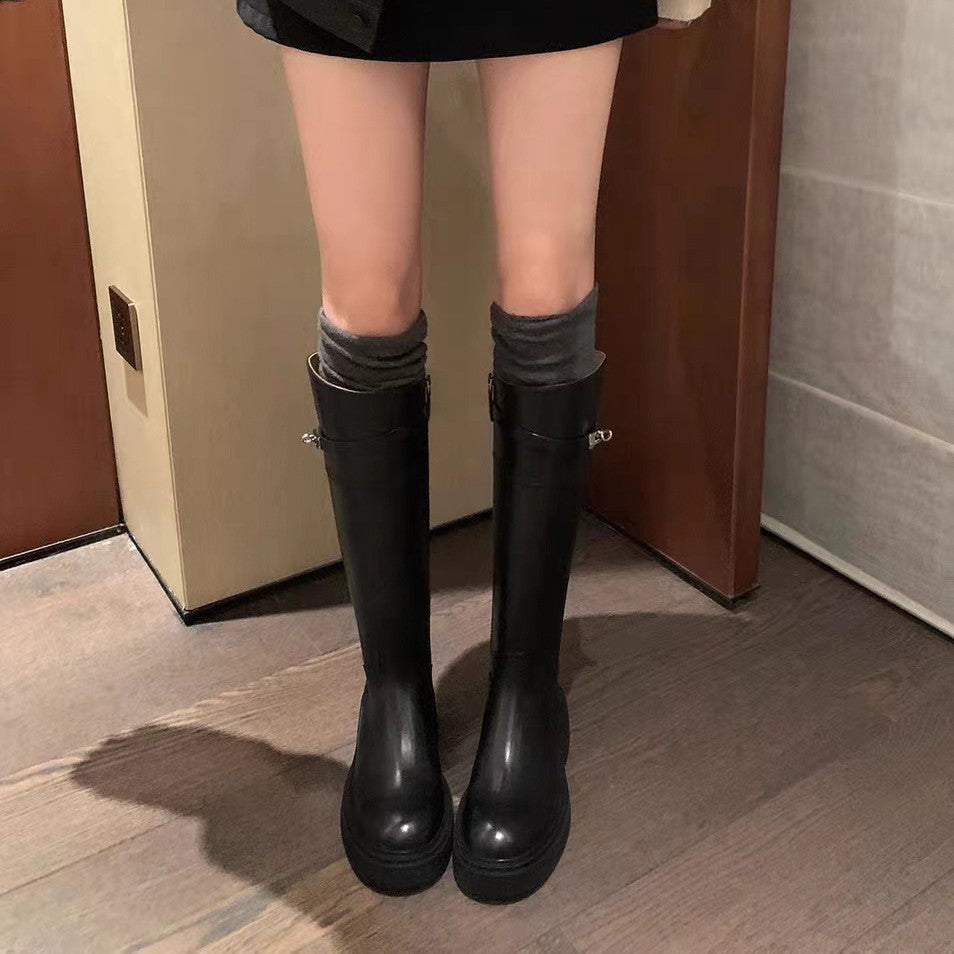 Quality Round Toe Lock Chunky Thigh High Knight Female Genuine Women's Leather Boots
