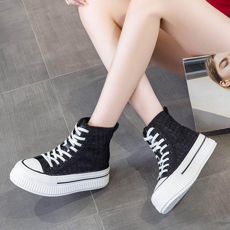 Women's High Top White Genuine Platform Round Toe Stitching Sneakers