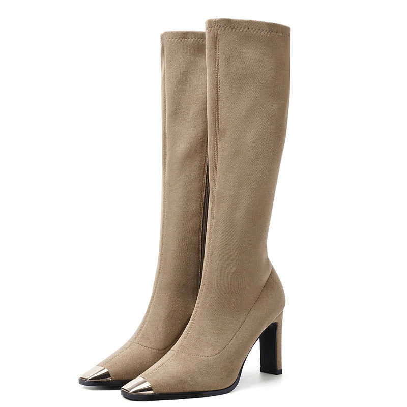 Metal Square Toe Stiletto High Leg Sexy Stretch Thin Women's Leather Boots