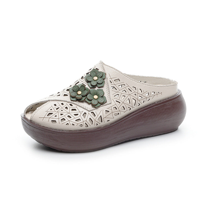 Women's Summer Thick Bottom Peep Toe Hollow Breathable Ethnic Style Flower Women's Shoes