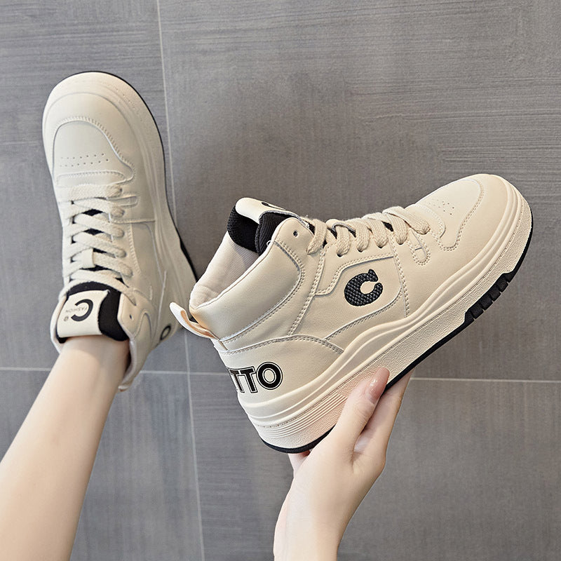 Women's Spring White Trendy Thick Bottom Fleece-lined Sneakers