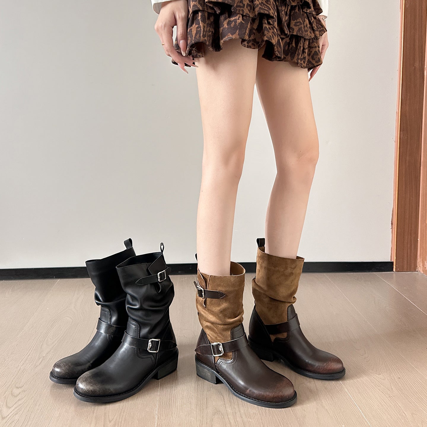 Women's Retro Distressed Brushed Fashion Thick Bottom Chunky Knight Belt Buckle Boots
