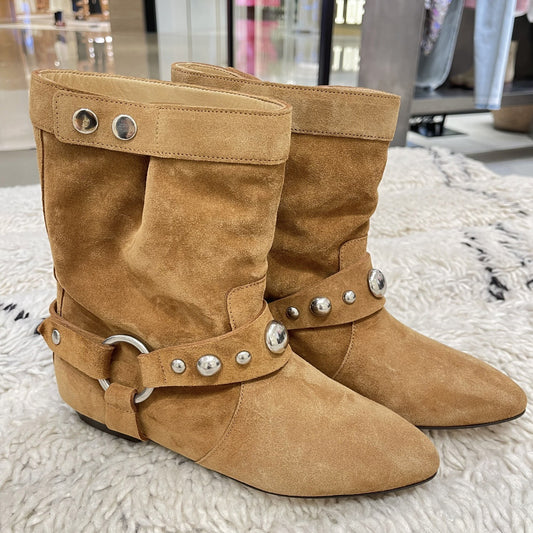 Women's Retro Minority Suede Metal Ring Pointed Western Cowboy Flat Skinny Heels