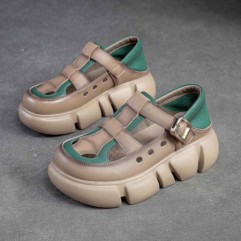 Women's Head Buckle Retro Style Top Layer Platform Sandals