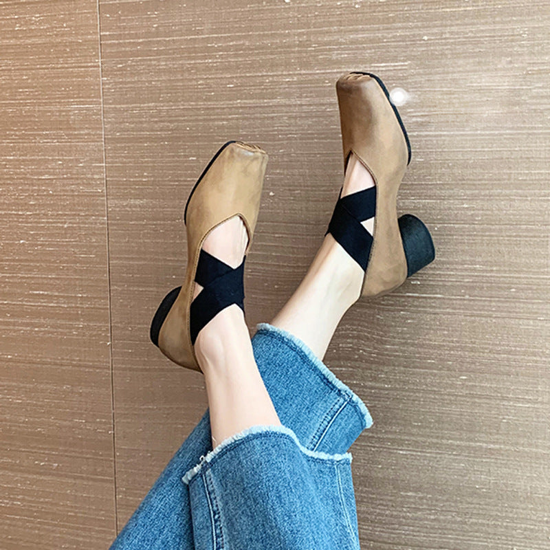 Women's Mary Jane Spring Retro Cross Strap Square Toe Comfortable Chunky Women's Fashion Shoes