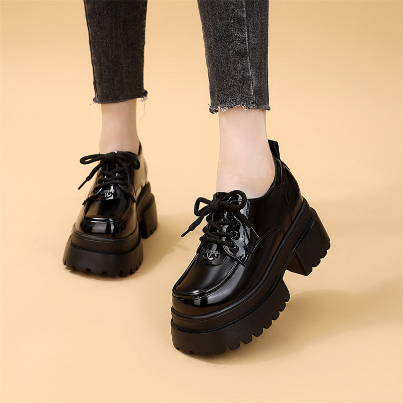 Women's Platform Black Tie Round Toe Mid Slimming Soft Bottom Women's Fashion Shoes