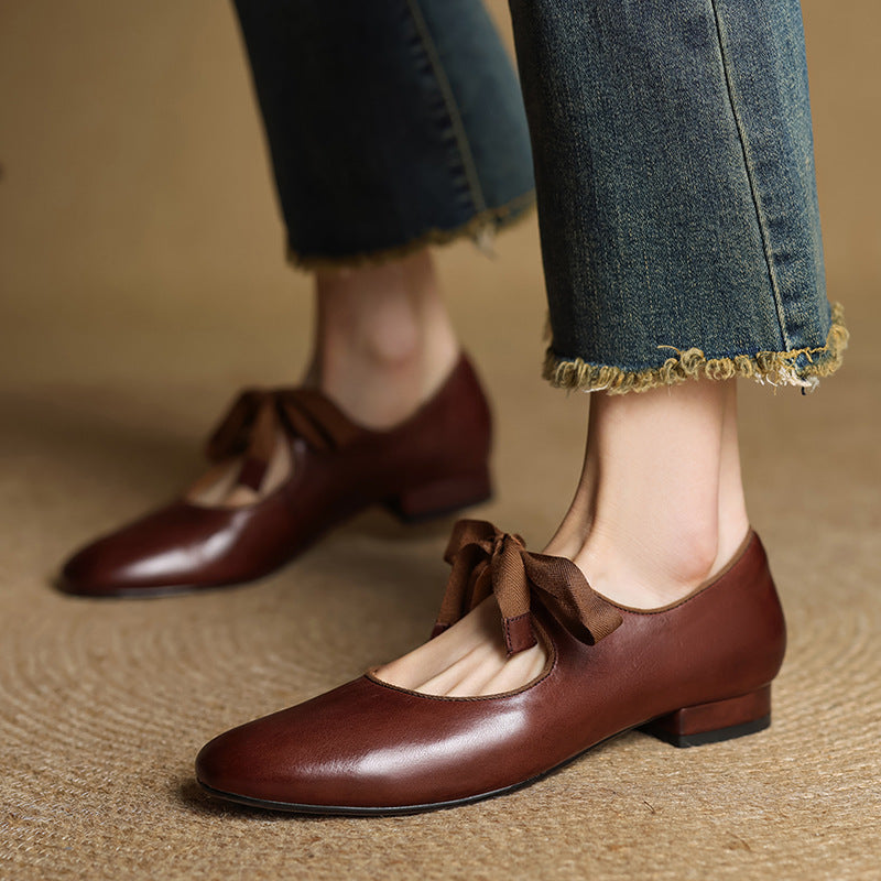 First Layer Cowhide Bow Retro Solid Color Women's Fashion Shoes
