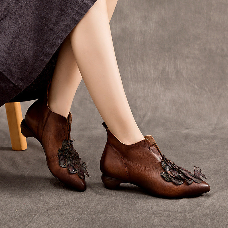 Women's Retro Genuine Fashion Pointed Toe Chunky Comfortable Versatile Cowhide Heels