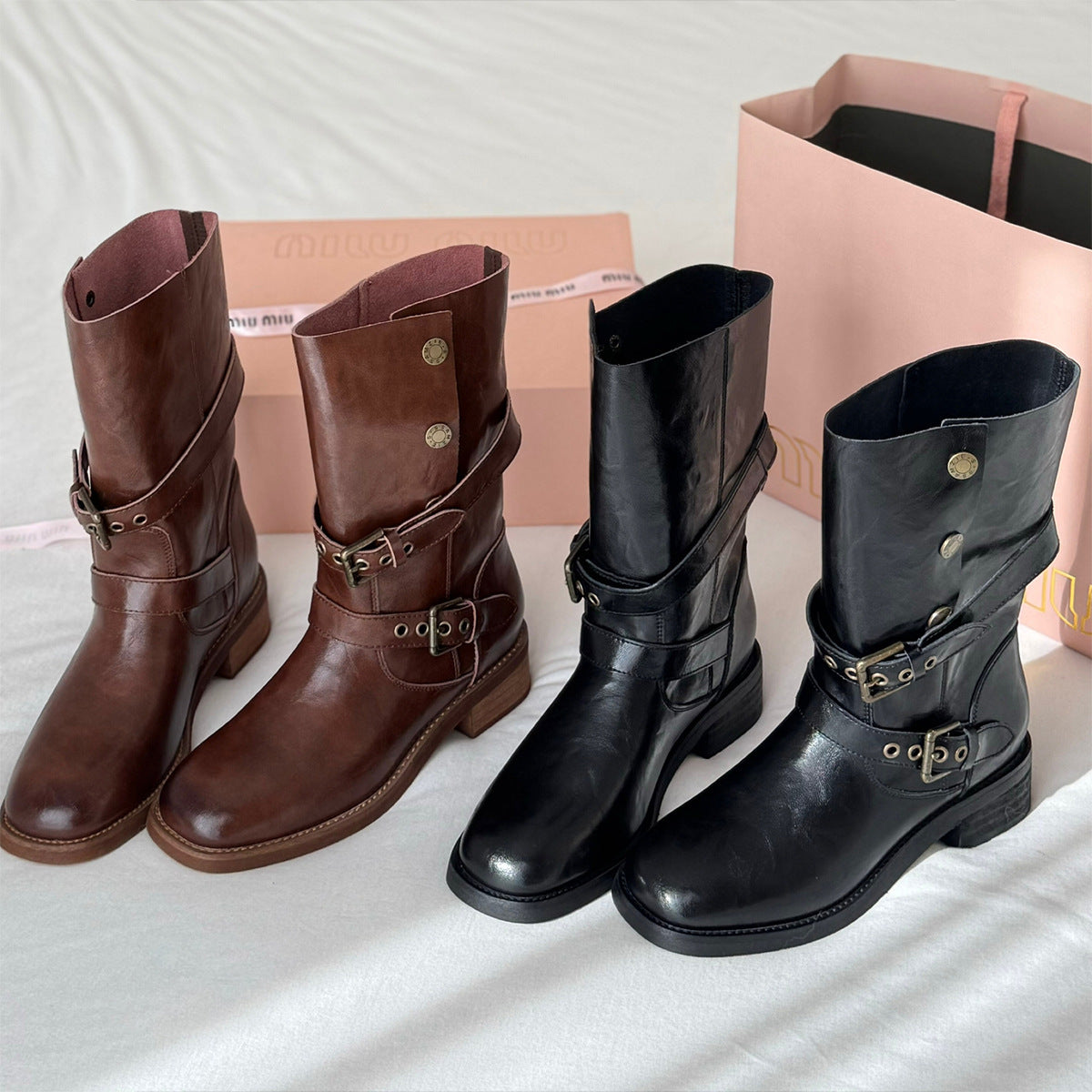 Women's Black Martin Chunky Round Toe Middle Belt Buckle Hot Retro Boots